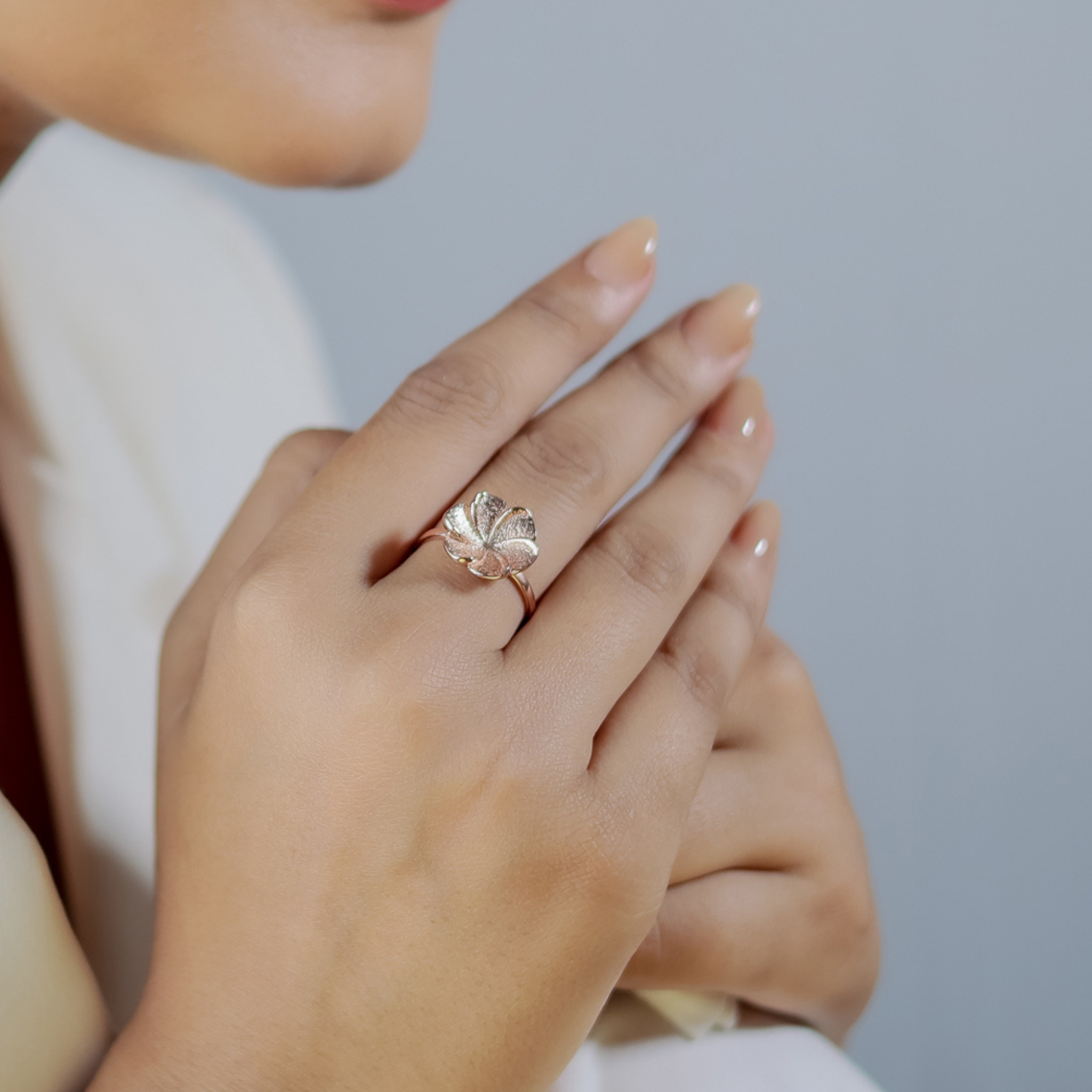 Rose Gold Hawaiian Flower Petal Ring, Hallmarked 925 Sterling Silver Rose Gold - sitabo